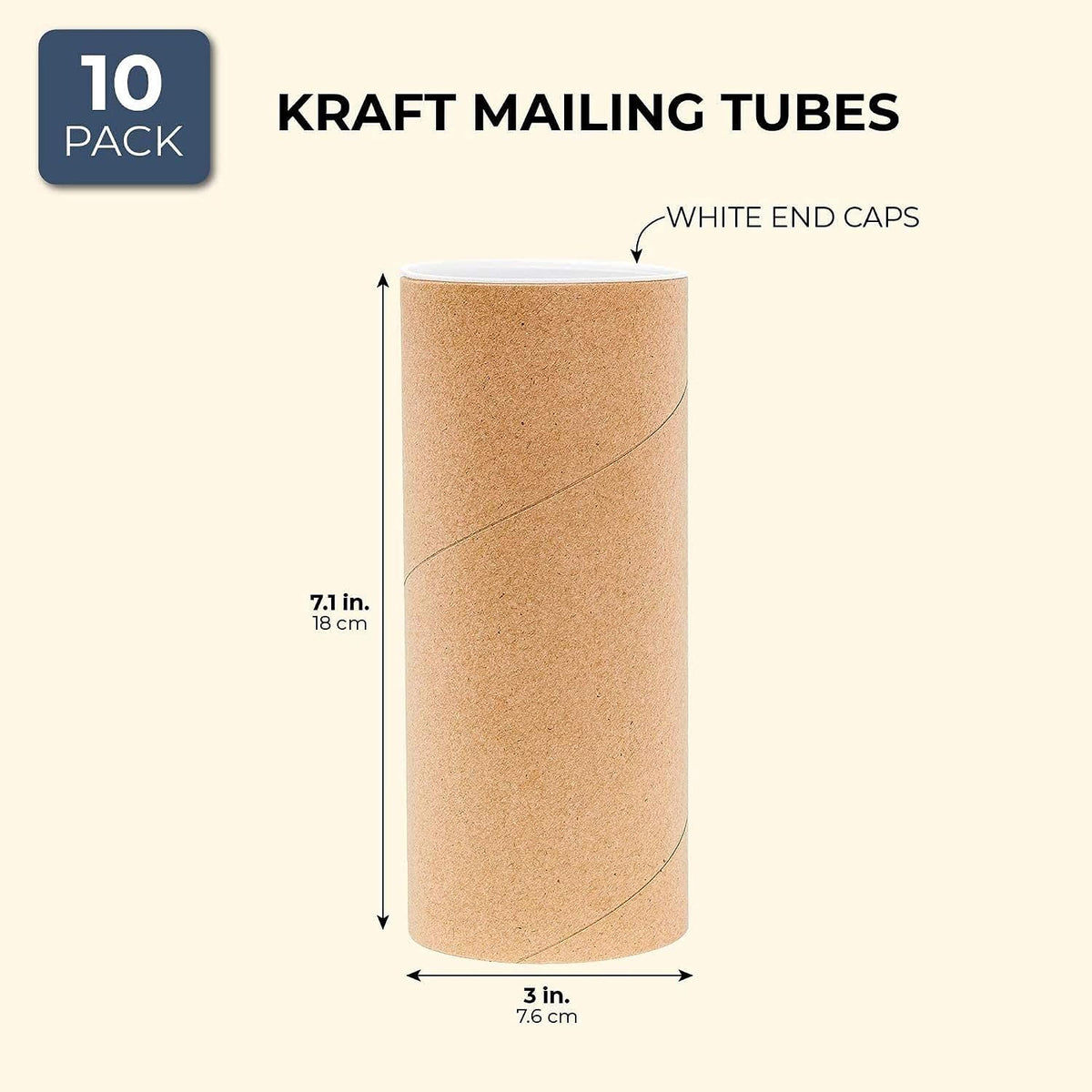 10-Pack Mailing Tubes & Caps - 3 x 7 in Brown Mailer - Durable 3-Ply Spiral Round Cardboard Cylinder for Crafts &