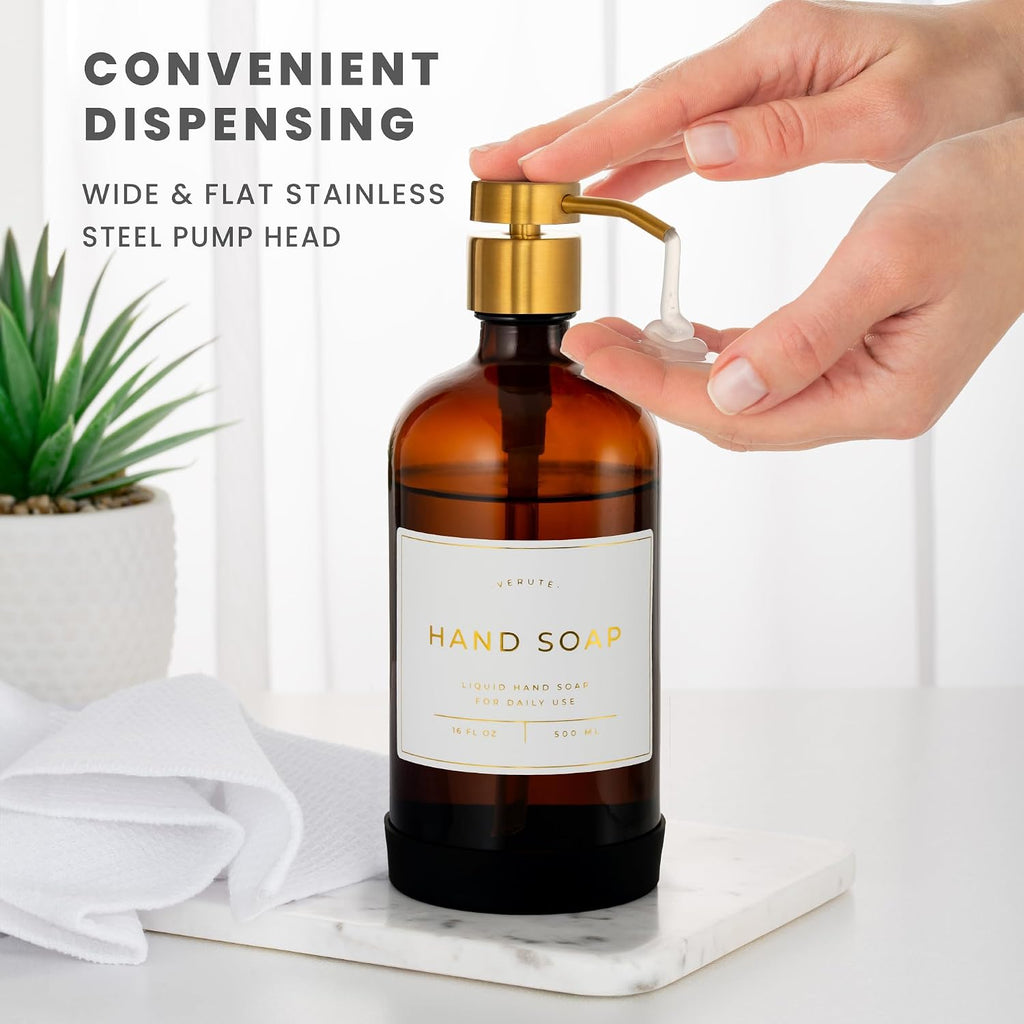 Hand and Dish Soap Dispenser for Kitchen and Bathroom, Set of 2 16 Oz Glass Bottles, Stainless Steel Pumps, Non-Slip