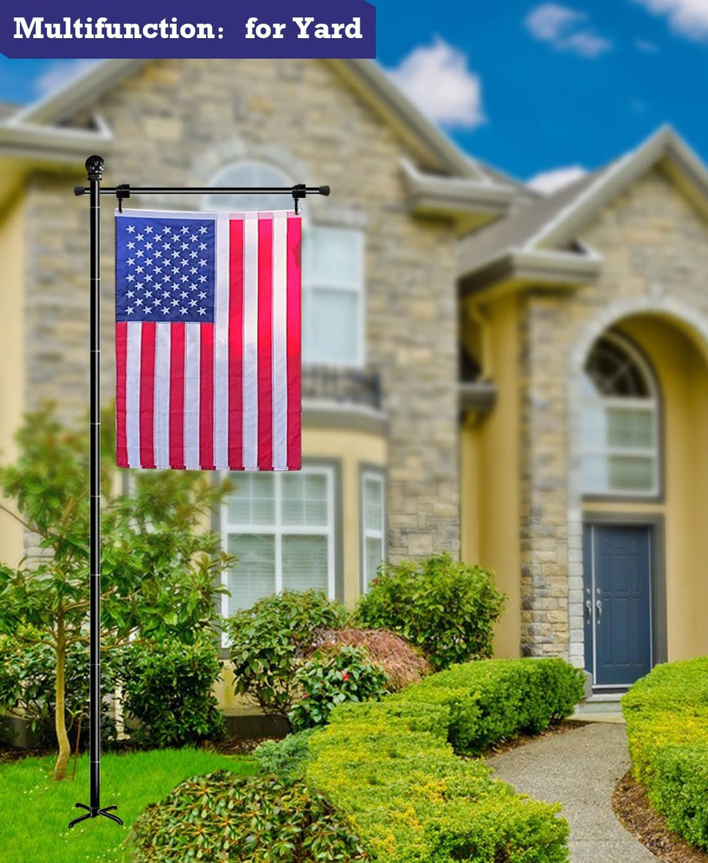 10FT Garden Flag Stand Pole for 3x5 Feet American Flags, Adjustable Flagpole with 5 Spikes Base for Outdoor Yard