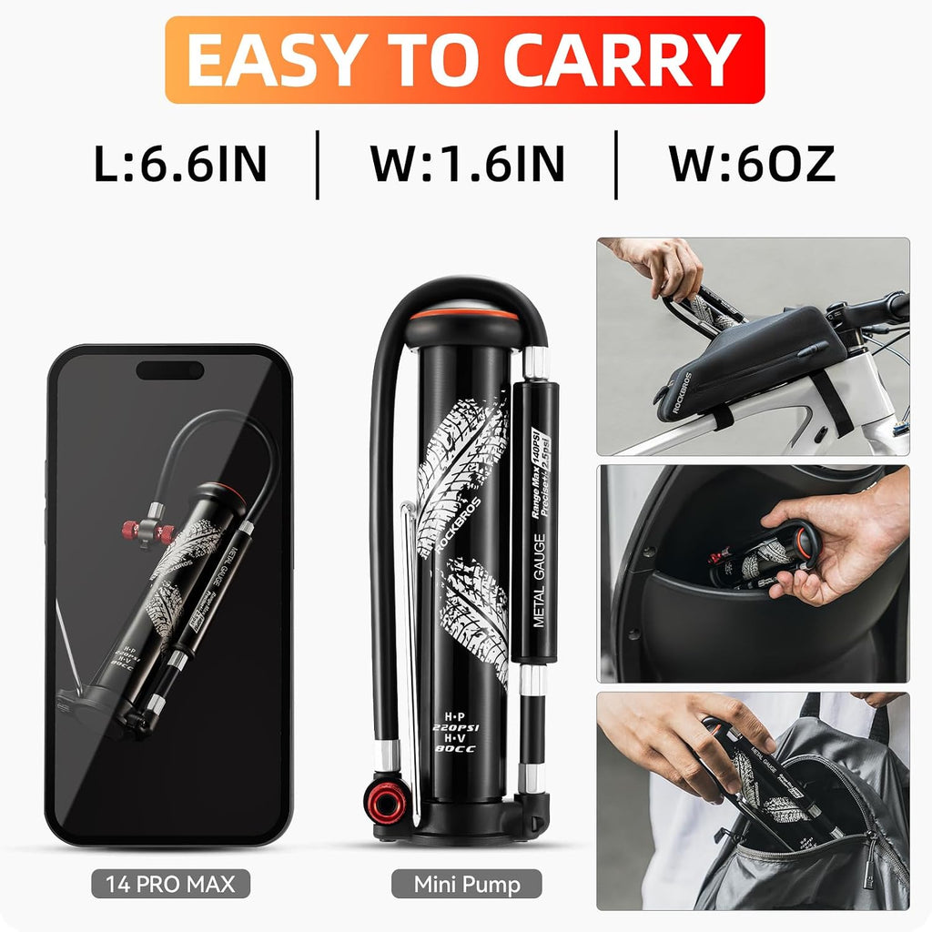 220PSI Mini Floor Pump with Hidden Pressure Gauge