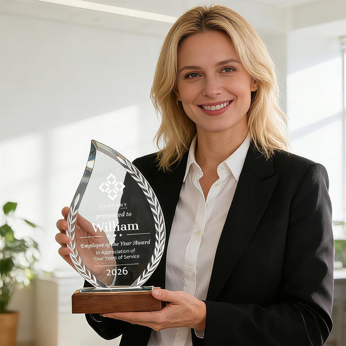 SHIP NEXT DAY, Personalized Crystal Award Trophy - Custom with Company Logo Text & Employee Name, Engraved Award for