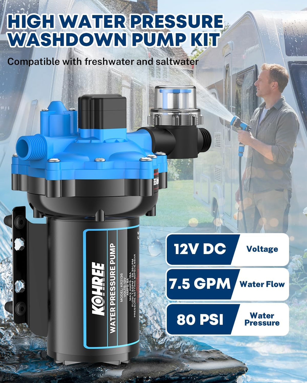 Kohree 12V DC Washdown Pump Kit - 7.5GPM 80PSI, Self-Priming, High Flow