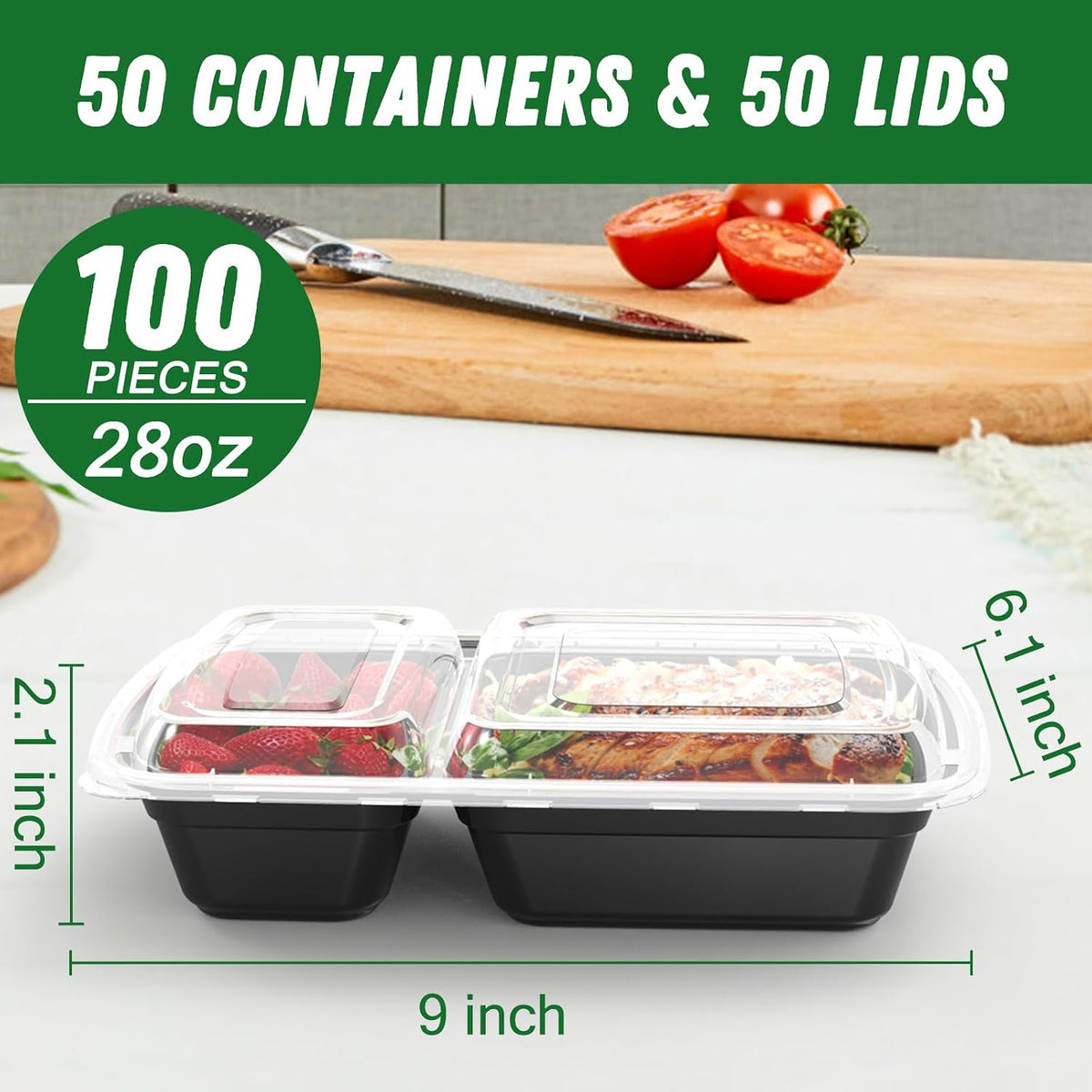 50 Pack 28 oz Meal Prep Containers with Lids 2-Compartment, Black