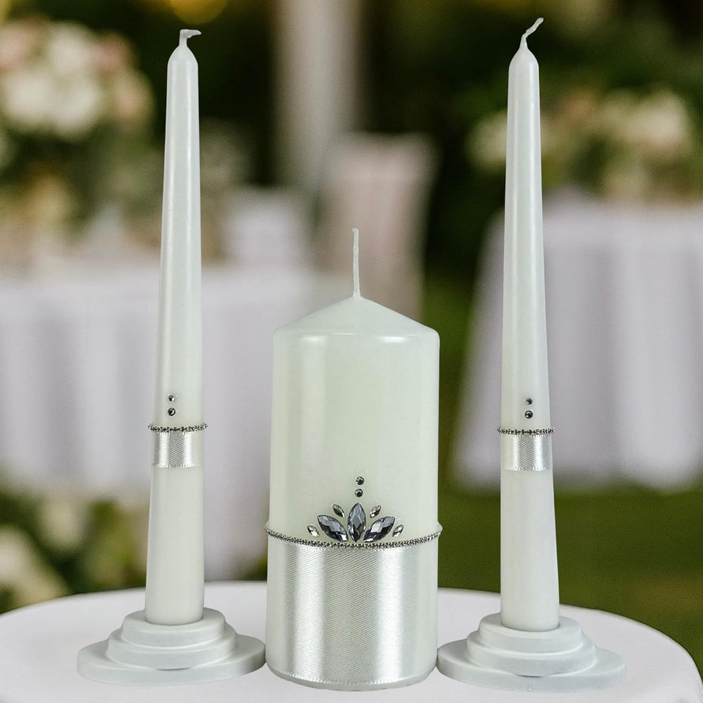 Crystal Satin Unity Candle Set for Wedding Ceremony Personalized Look, White 6" Pillar & 2 Taper 10" Marriage
