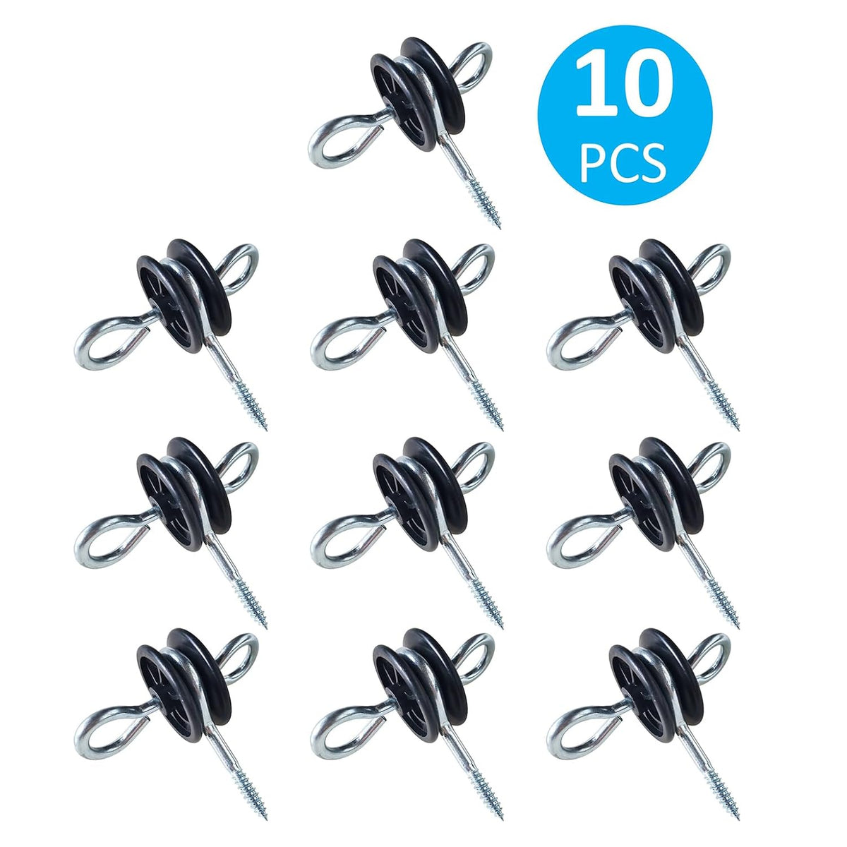 10 Pack Electric Fence Wood Post Anchors | Wood Post Screw-in Insulators, Screw-in Gate Handle Anchor, 2-Ring Black