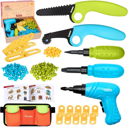 Kids Cardboard Construction Tool Set with Electric Drill & Tool Belt -258PCS, STEM Building Kit for Creative Craft
