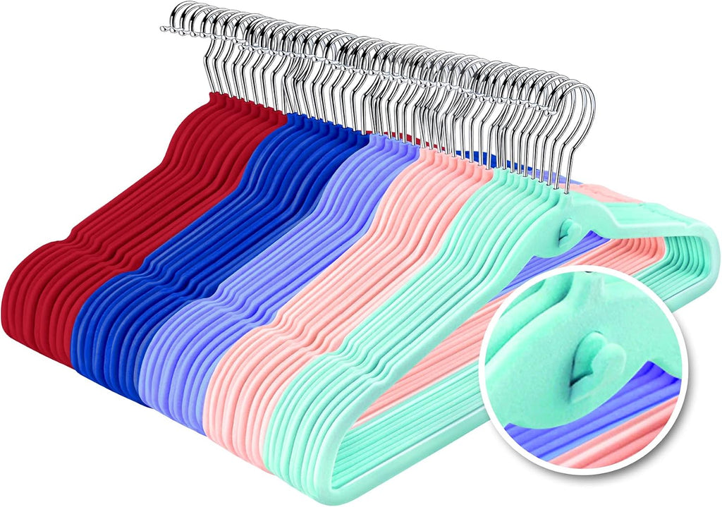 Multi-Color Premium Velvet Hangers with Mini Hooks, Pack of 50, Non Slip, Space Saving Cascading Clothes Hangers, 5