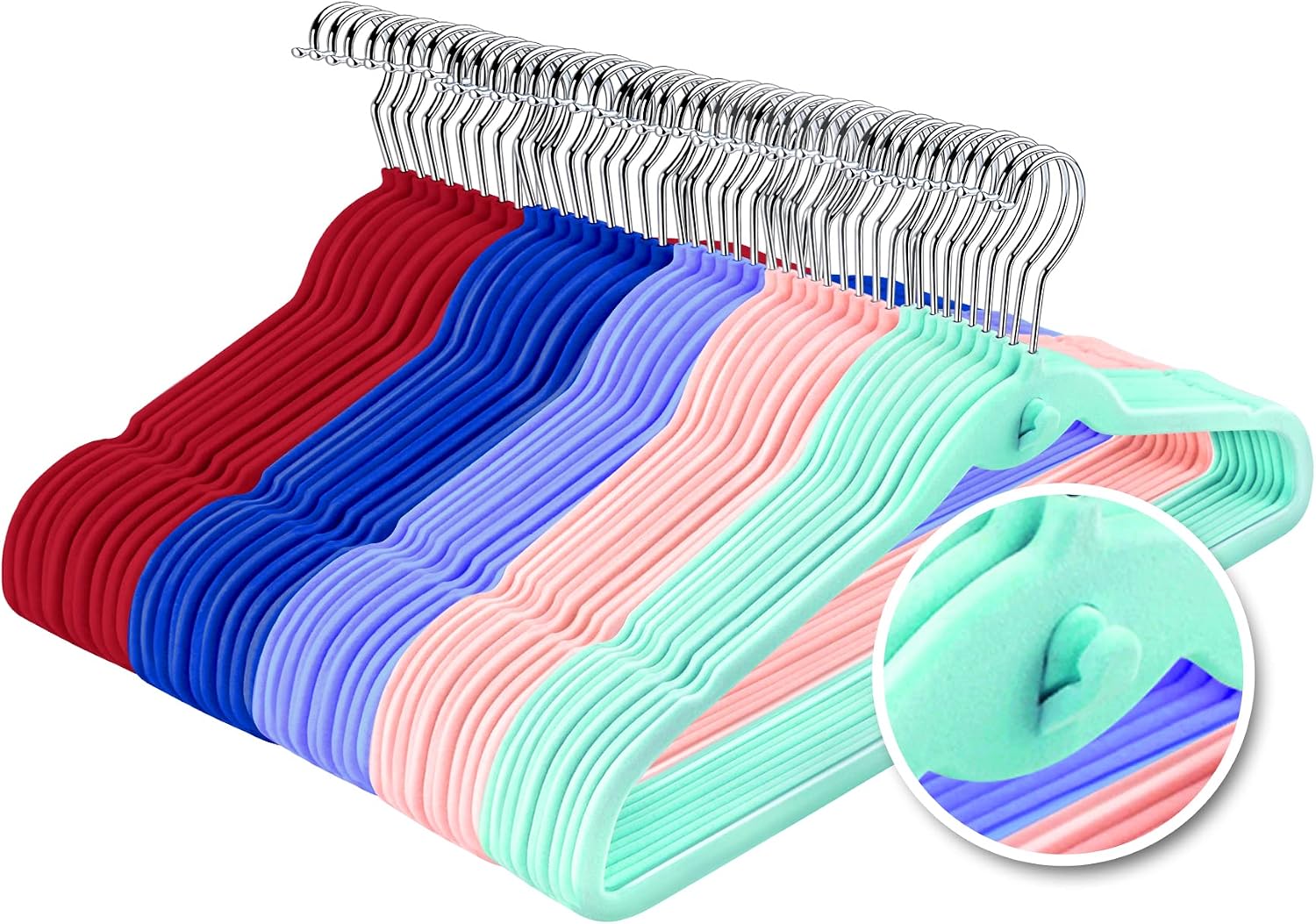 Multi-Color Premium Velvet Hangers with Mini Hooks, Pack of 50, Non Slip, Space Saving Cascading Clothes Hangers, 5