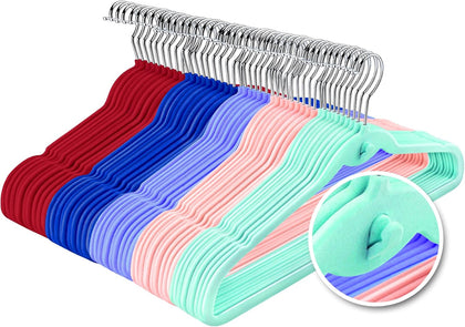 Multi-Color Premium Velvet Hangers with Mini Hooks, Pack of 50, Non Slip, Space Saving Cascading Clothes Hangers, 5