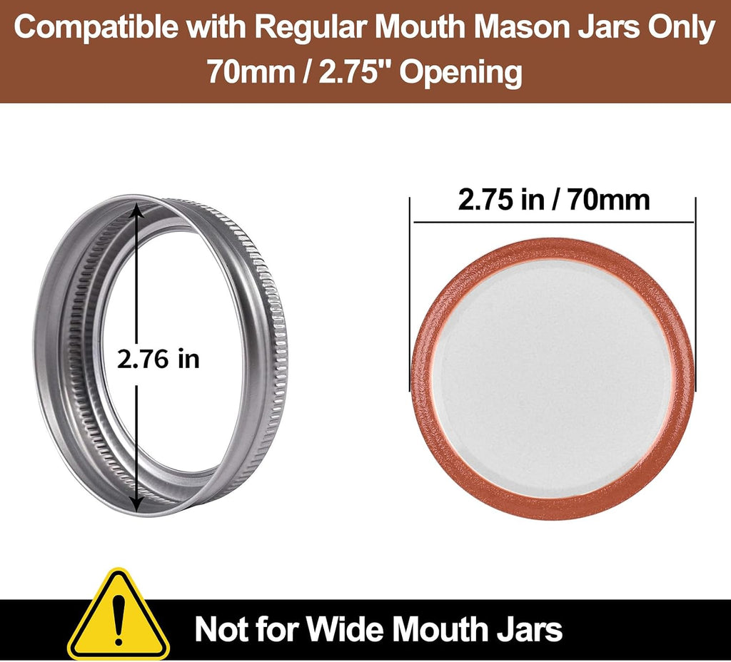 Regular Mouth Mason Jar Lids and Rings for Ball & Kerr, 70mm, 12 Pack