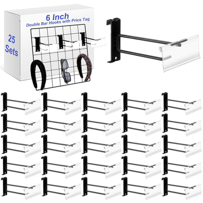25 Set 6 Inch Grid Wall Hooks, Gridwall Accessory Rack Hooks Panel Hanger, Heavy Duty Double Bar with Price Tag Black