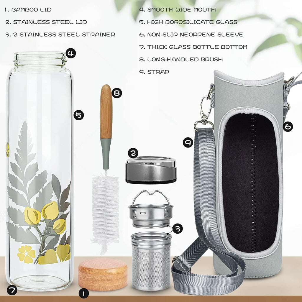 32oz Borosilicate Glass Water Bottle with Tea Infuser, Tea Tumbler with Strainer, Reusable Travel Mug with Sleeve & 2