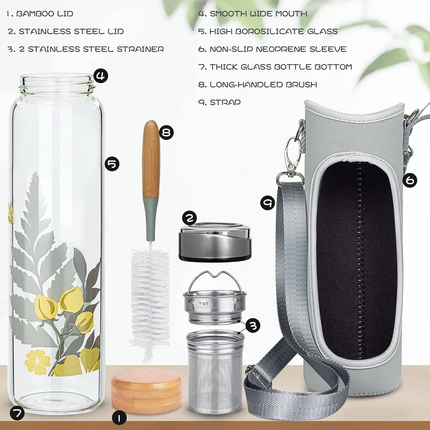 32oz Borosilicate Glass Water Bottle with Tea Infuser, Tea Tumbler with Strainer, Reusable Travel Mug with Sleeve & 2