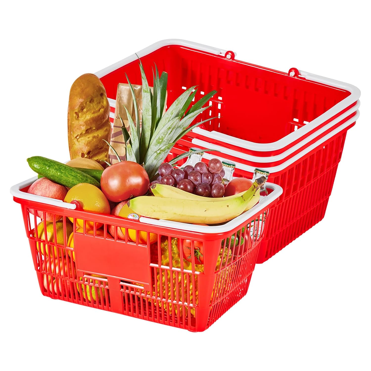 Shopping Baskets, 4 PCS, 21L Stackable PE Plastic Grocery Baskets with Handles, Dense Mesh Structure, Holds up to 20