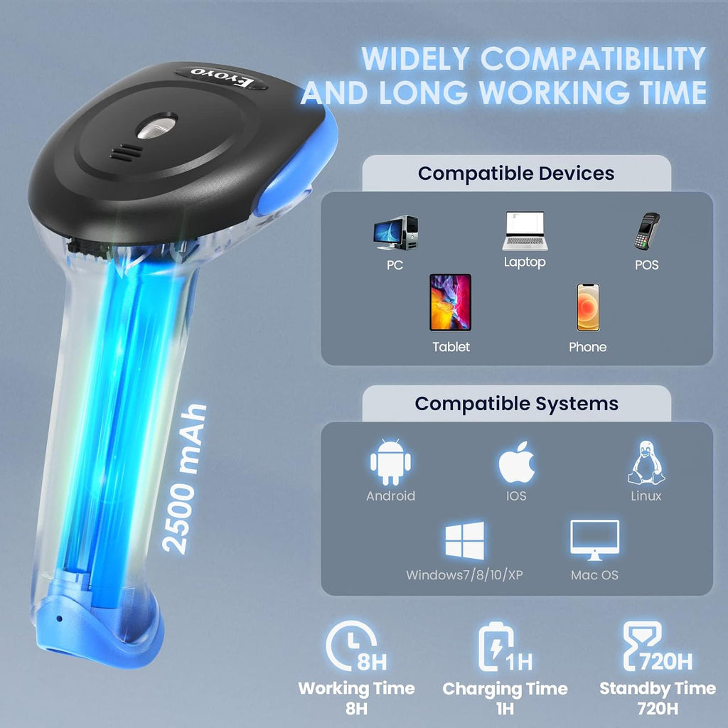 1D 2D Barcode Scanner Wireless Bluetooth Handheld Cordless | QR Bar Code Reader, 2500mAh, USB Wired
