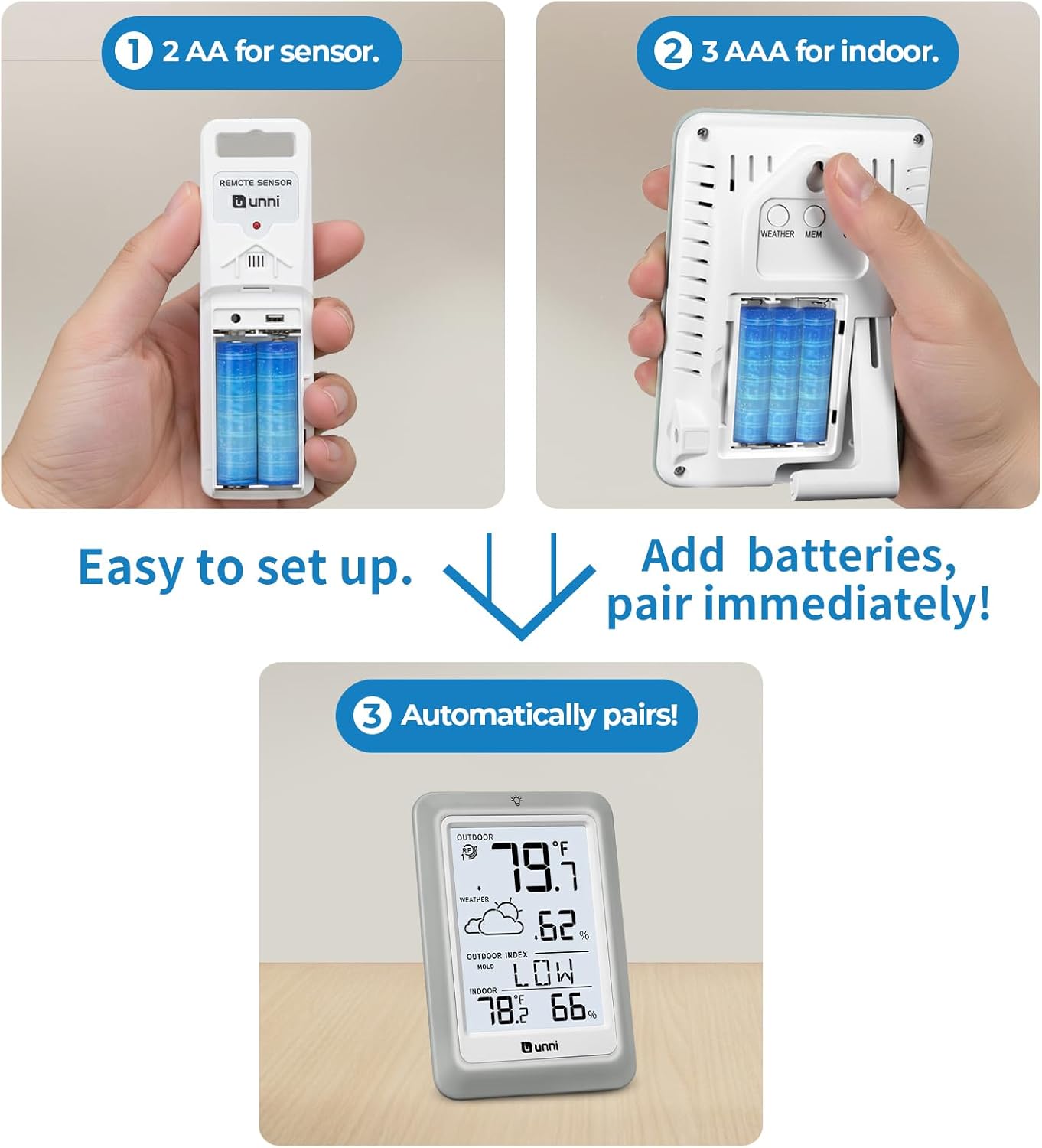 Indoor Outdoor Thermometer Hygrometer Wireless Weather Station, Temperature Humidity Monitor Battery Powered Inside