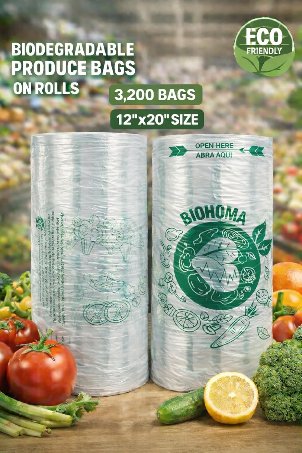 Biodegradable, Compostable Produce Bags on Rolls, 3200 Count, 12x20 Inches, Clear