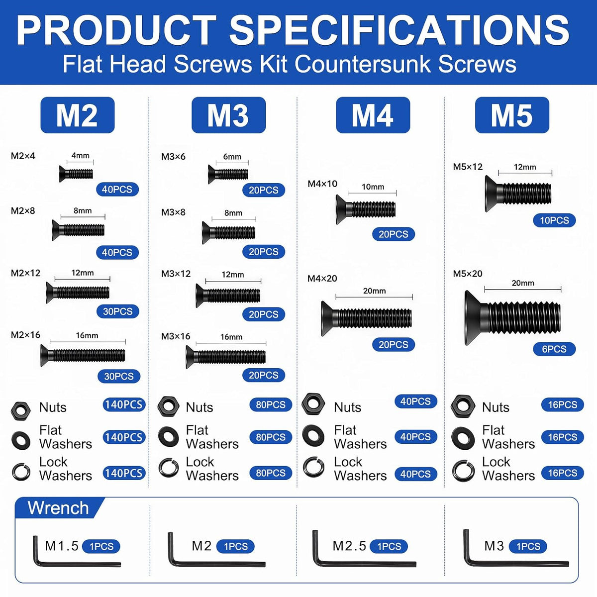 Taiss 1108PCS M2 M3 M4 M5 Screw Kit,Flat Head Metric Bolt Assortment