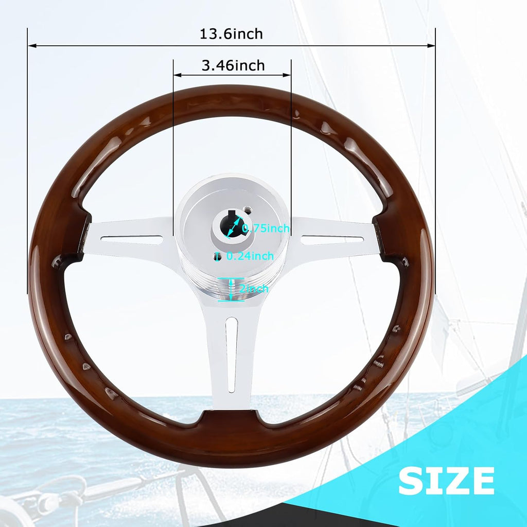 13.8" Boat Steering Wheel with 3/4" Tapered Shaft, 6 bolts Wood Grain Classic Nostalgia Boat Steering Wheel for Seastar and Verad, for Marine Boats, Yacht,Vessels,Pontoon Marine-Mirrored-silver