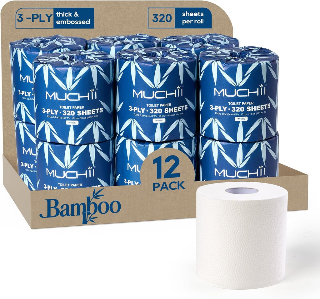 Bamboo Toilet Paper 3-Ply, Septic Safe Bath Tissue, 12 Rolls, White