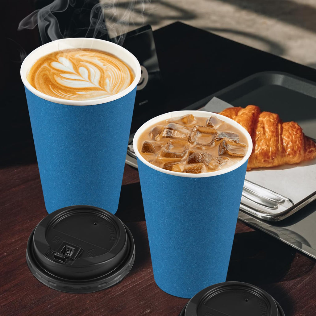 100 Pack 16 oz Disposable Paper Coffee Cups with Lids(Navy)