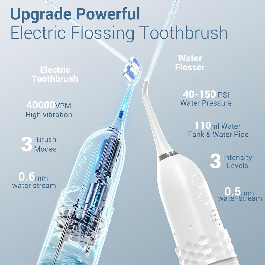Upgraded 2-in-1 Electric Toothbrush with Water Flosser, 3+4 Smart Modes，Portable Oral Irrigator with Point-Jet