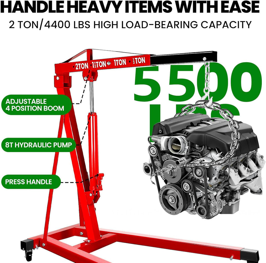 2 Ton Folding Engine Hoist, 5500lbs Hydraulic Cherry Picker Engine Hoist with 4 Casters, Heavy Duty Engine Lift for