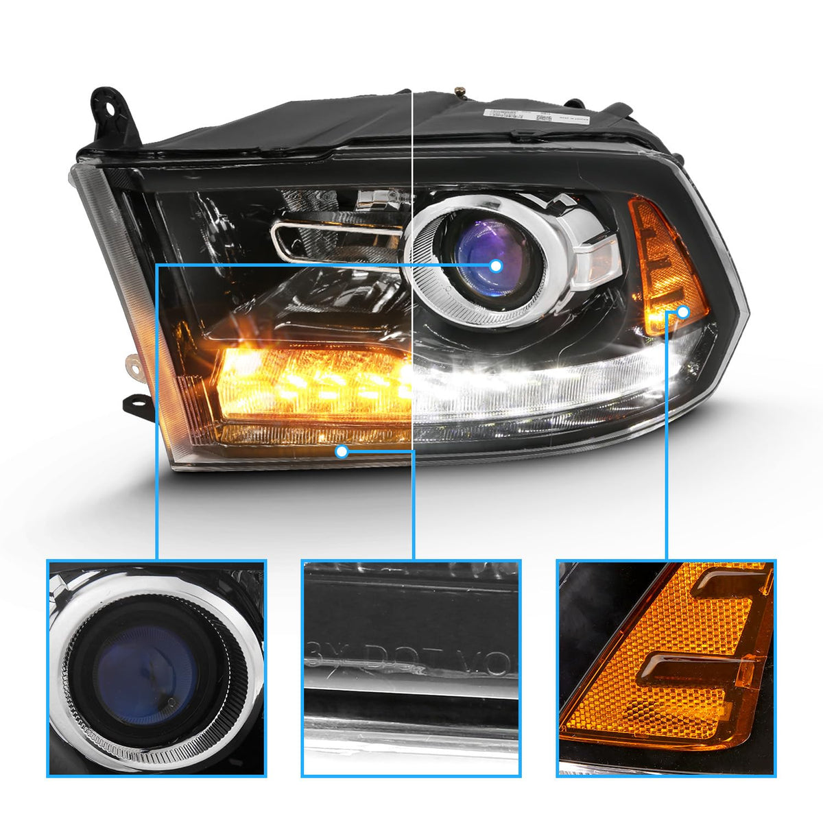 for 2009-2018 Dodge Ram 1500 2500 3500 BOTH Models Switchback LED Polished Black Replacement Projector Headlight