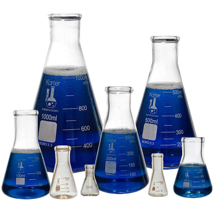 Glass Erlenmeyer Flask Set, 8 Sizes - 5, 10, 25, 50, 150, 250, 500, and 1000ml, Karter Scientific