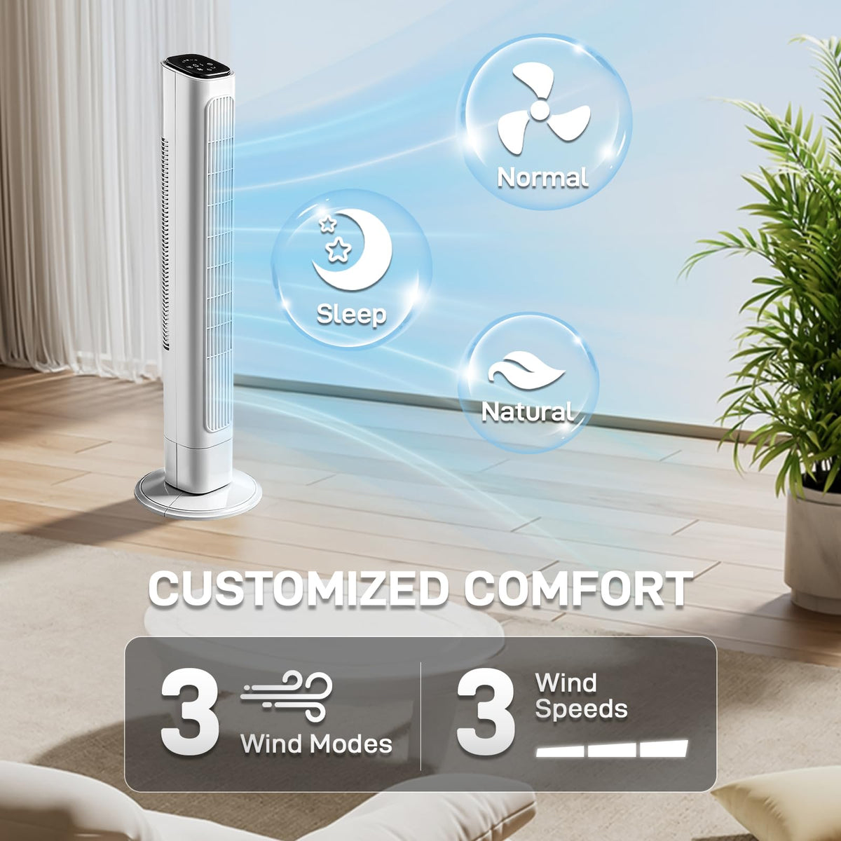 36 Inch Oscillating Tower Fan,Smart Standing Fans,Indoor Tower Fan,White-C