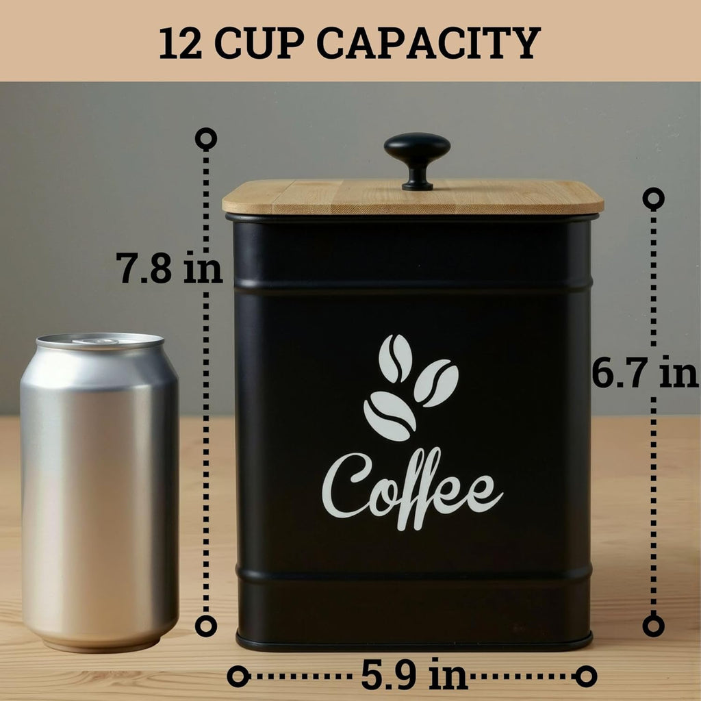 Airtight Coffee Canister 40 oz, 6"x 8" Metal Jar w/ Rubber-Lined Bamboo Lid | 40oz Large Iron, Airtight Coffee