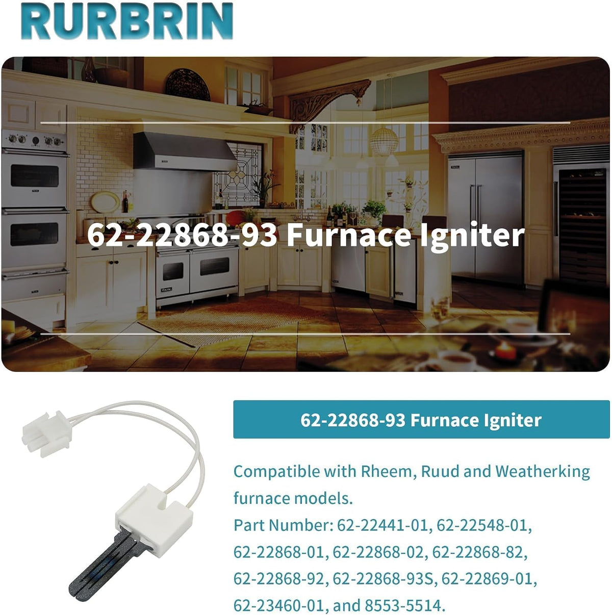 62-22868-93 Hot Surface Furnace Ignitor for Rheem Ruud Weatherking Furnace, Hot Surface Ignitor Replaces 025-32625-000 Norton-271N 62-22868-82 62-22868-93 62-22441-01 62-22868-02