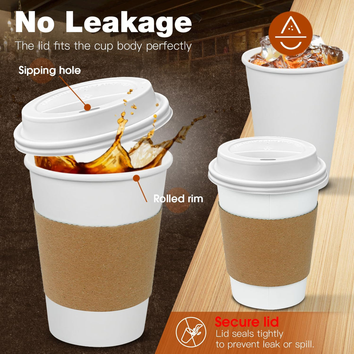 100 Pack 12 oz Leak-Proof Coffee Cups with Lids and Sleeves