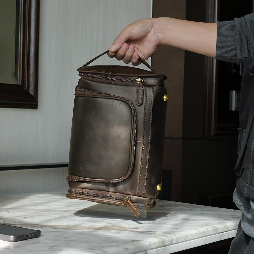 Polare Full Grain Leather Toiletry Bag Travel Dopp Kit Makeup Cosmetic Organizer Shaving Kit Wash Case with Hanging Hook