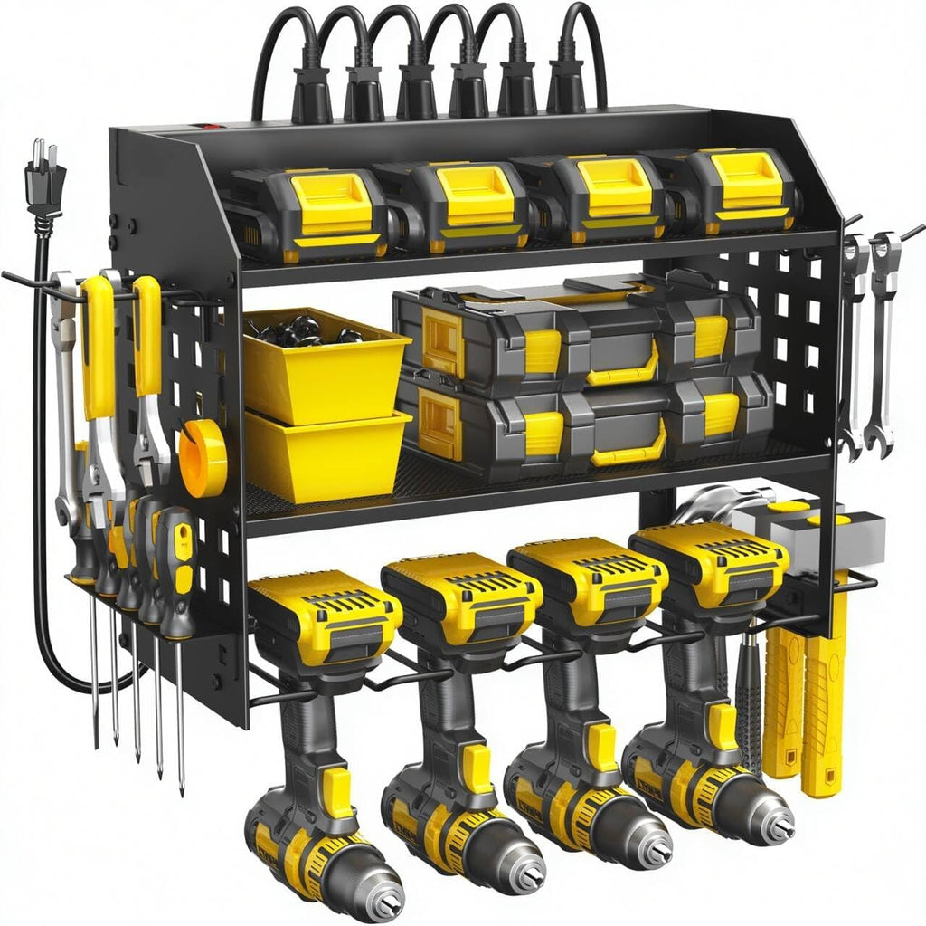 Power Tool Organizer with Charging Station 6 Outlets, 3-Layer Heavy Duty Wall Mount Drill Storage Rack, Cordless Tool