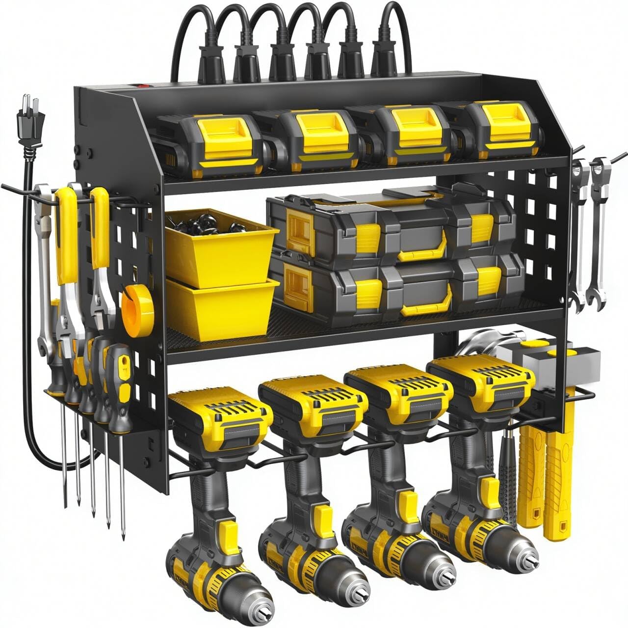 Power Tool Organizer with Charging Station 6 Outlets, 3-Layer Heavy Duty Wall Mount Drill Storage Rack, Cordless Tool