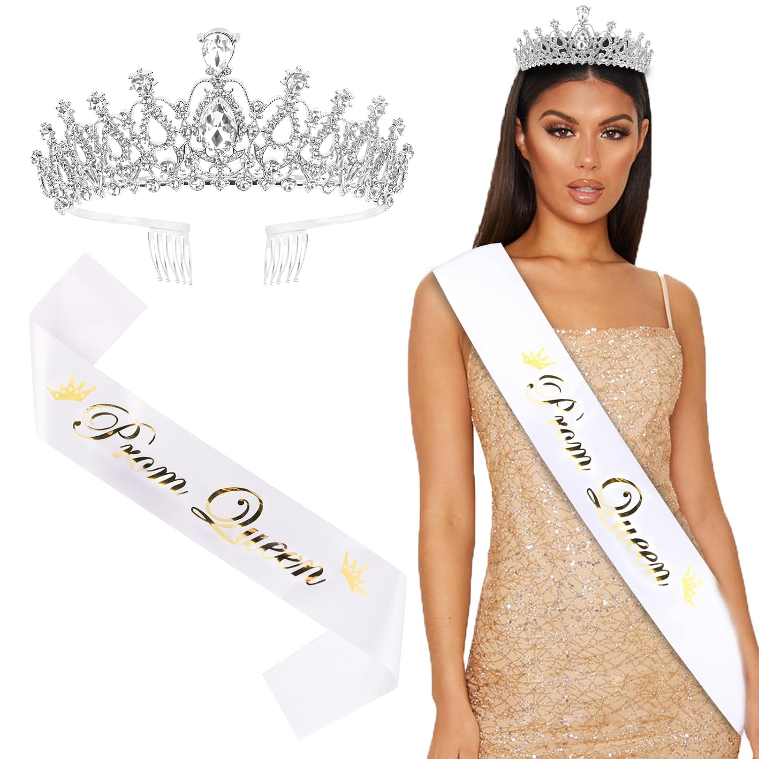 Prom Queen Sash and Tiara Set, Silver Crowns and White Sash - Graduation and Wedding Party Accessories