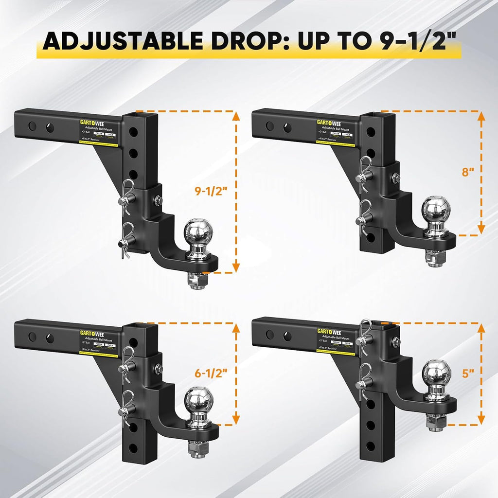 Adjustable Trailer Hitch Ball Mount with 2-Inch Tow Ball, Fits 2in Receiver, Drop Hitch 7500 lbs with Pin Heavy Duty