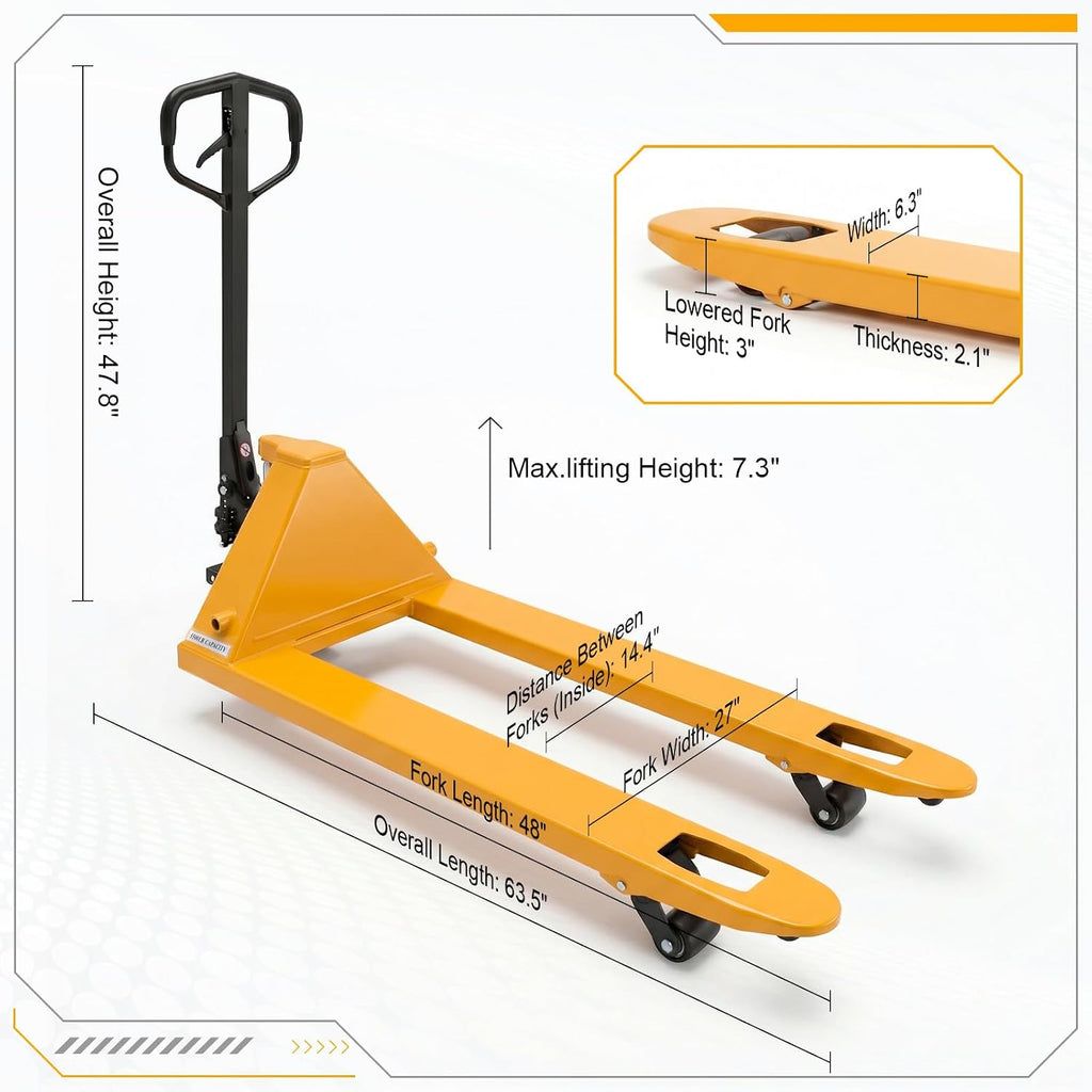 Hand Pallet Jack Truck Duty Industrial Pallet Truck 5500lbs Capacity, 27'' W x 48'' L Forks for Material Handling