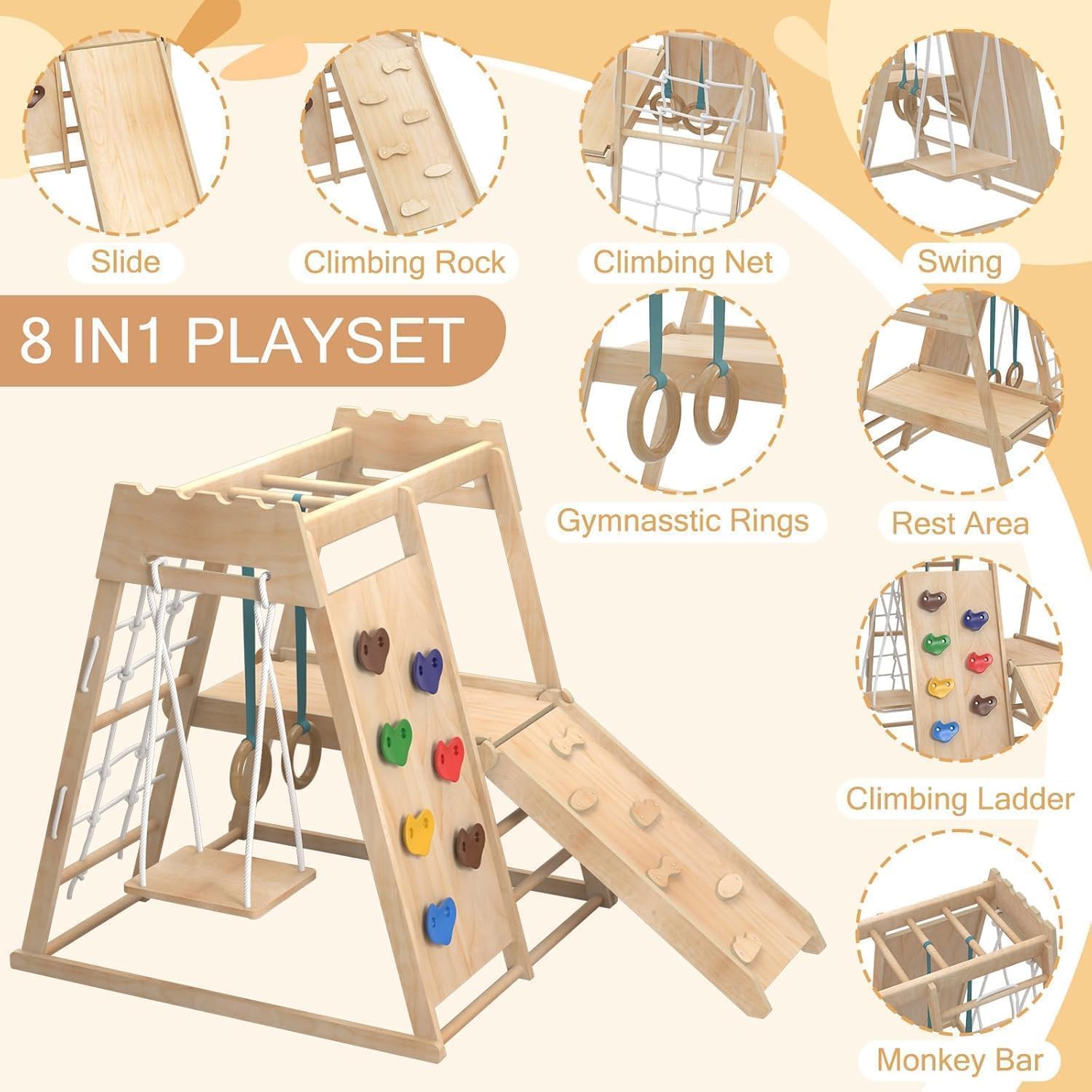 8-in-1 Indoor Playground, Indoor Jungle Gym for Toddlers, Kids Climbing Toys Indoor, Wooden Montessori Climber