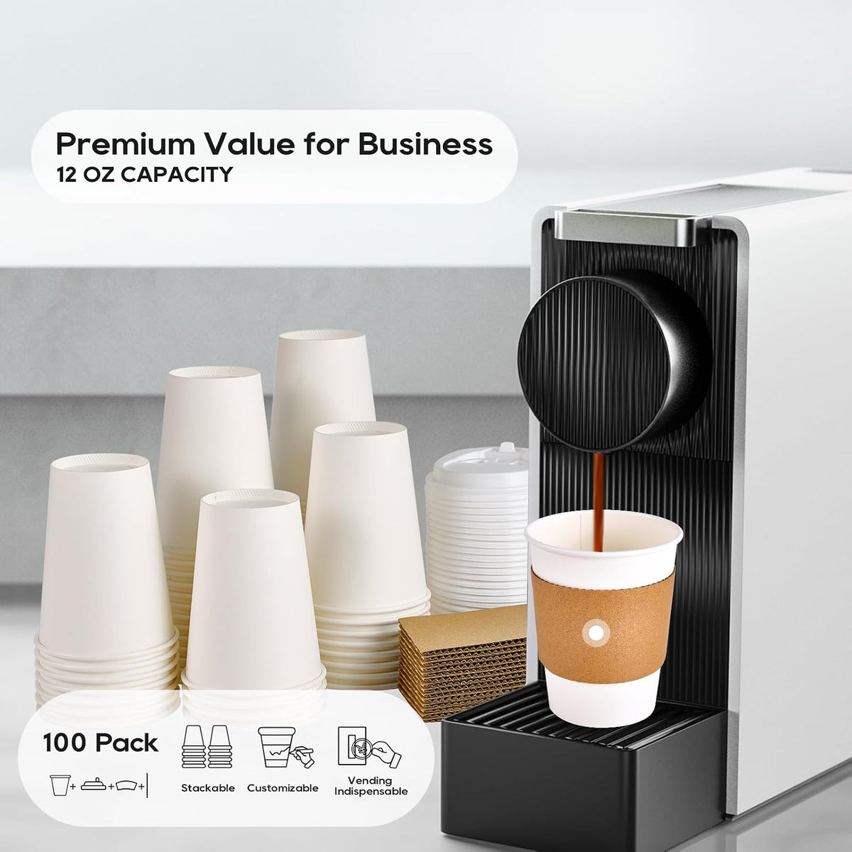 100 Pack 12 oz Disposable Paper Coffee Cups with Lids & Sleeves