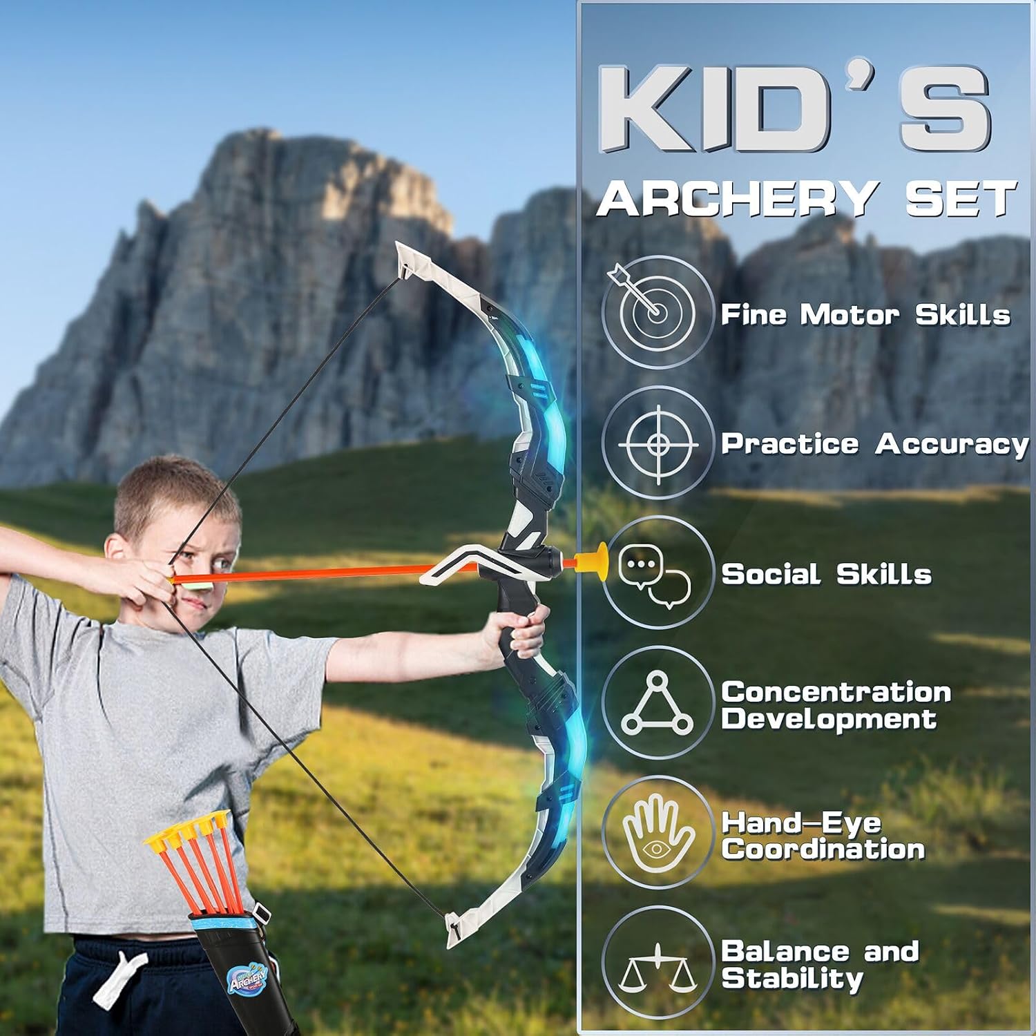 Kids Bow and Arrow Set, Light Up Archery Set with 10 Suction Cup Arrows, Indoor Outdoor Toys with Standing Target &