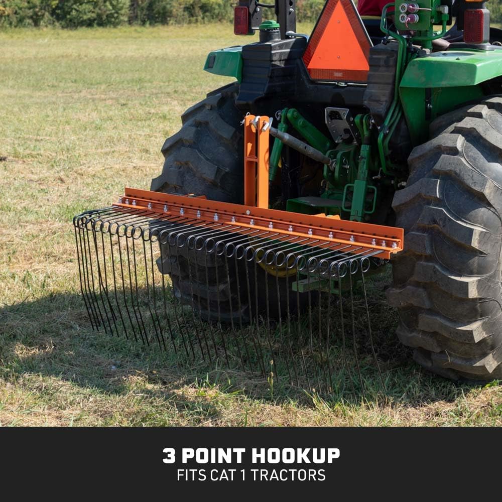 3 Point Pine Straw Needle Rake, 5 FT Landscape Rake for Cat 1 Tractors, Heat-Treated Coil Steel Spring Tines