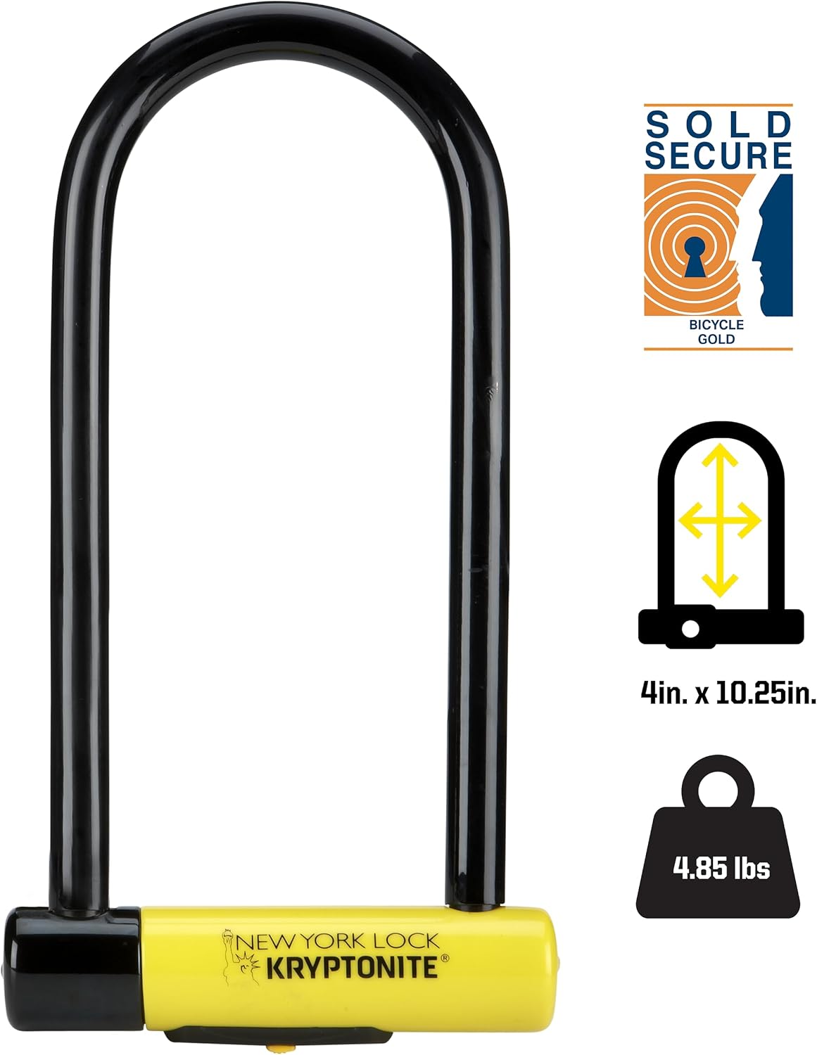 New York Long Shackle Bike U-Lock, Heavy Duty Anti-Theft Security Bicycle Lock Sold Secure Gold, 16mm Long Shackle