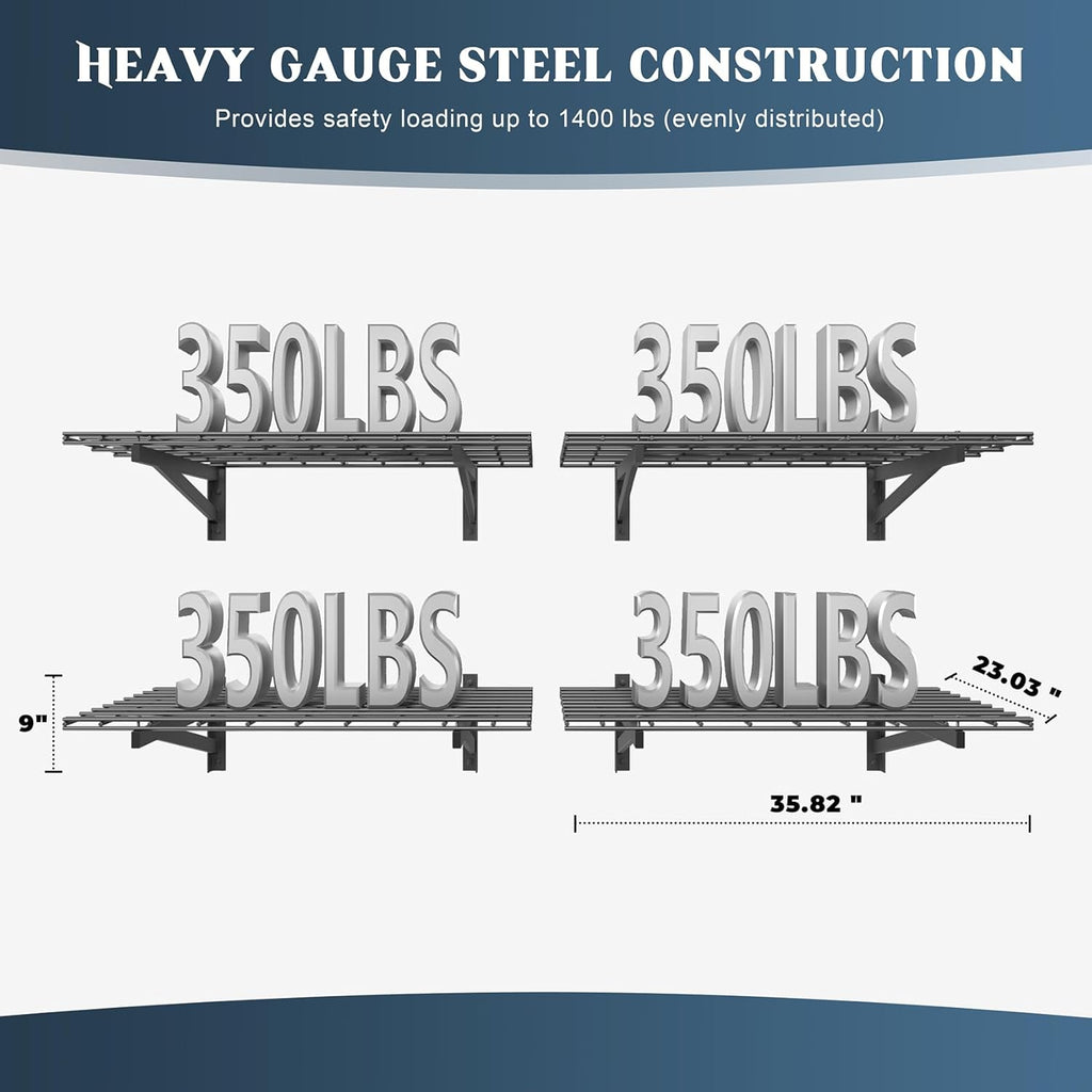 4 Pack Heavy Duty Garage Wall Shelving Set (2x3ft), Wall Mounted Garage Shelves 1400lbs Capacity, 24"x72" Shelf