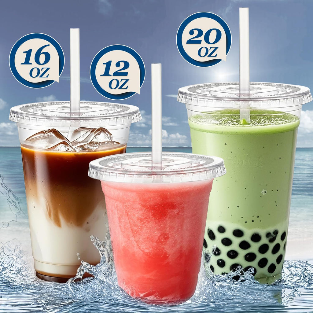 100 Sets- 20 oz Clear Plastic Cups with Lids and Straws