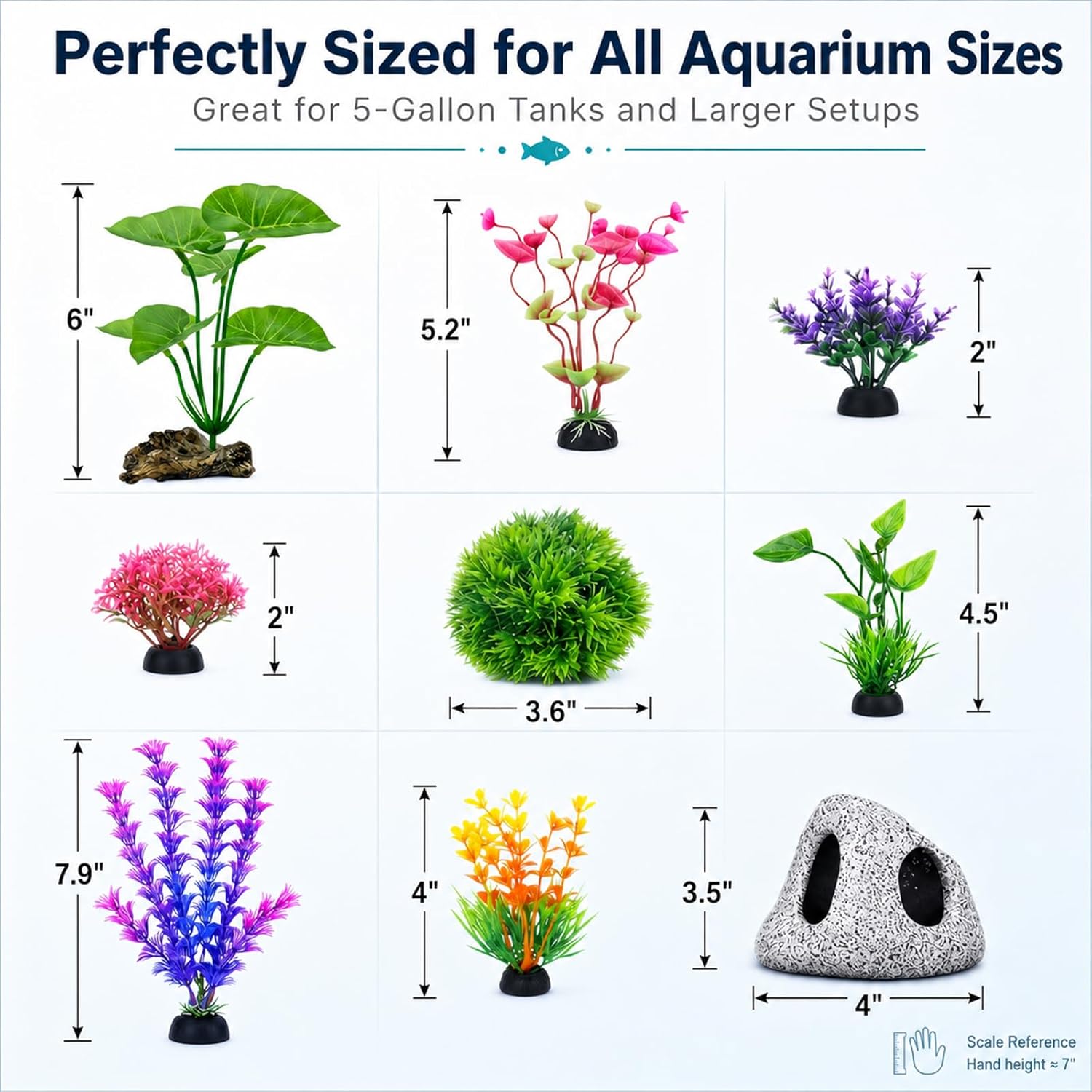 9 Fish Tank Decorations Set Aquarium Decor, Rock Cave Hideout, Artificial Aquarium Plants Plastic Betta Leaf Hammock