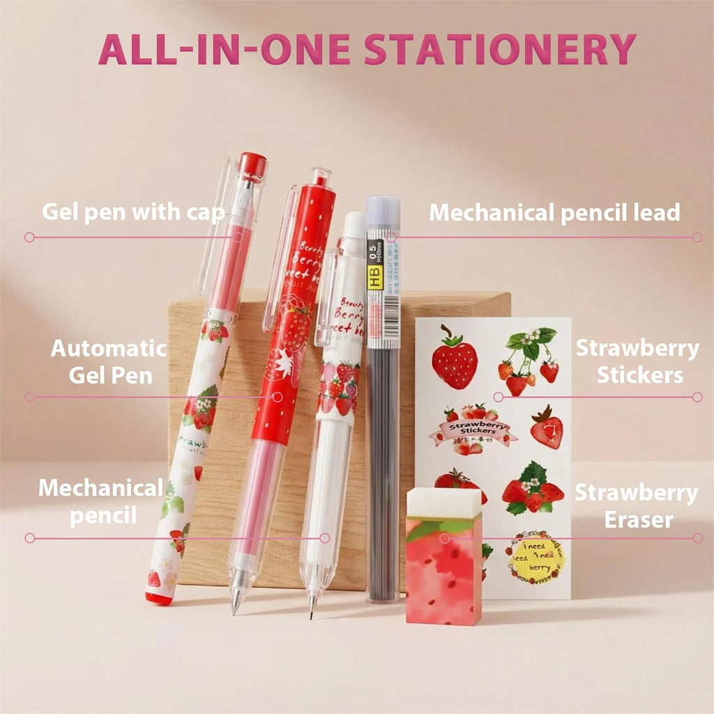 Cute Strawberry Pens Set Include Kawaii 0.5mm Strawberry Mechanical Pencil,Mechanical Pencil Lead Refills,Erasers,Gel