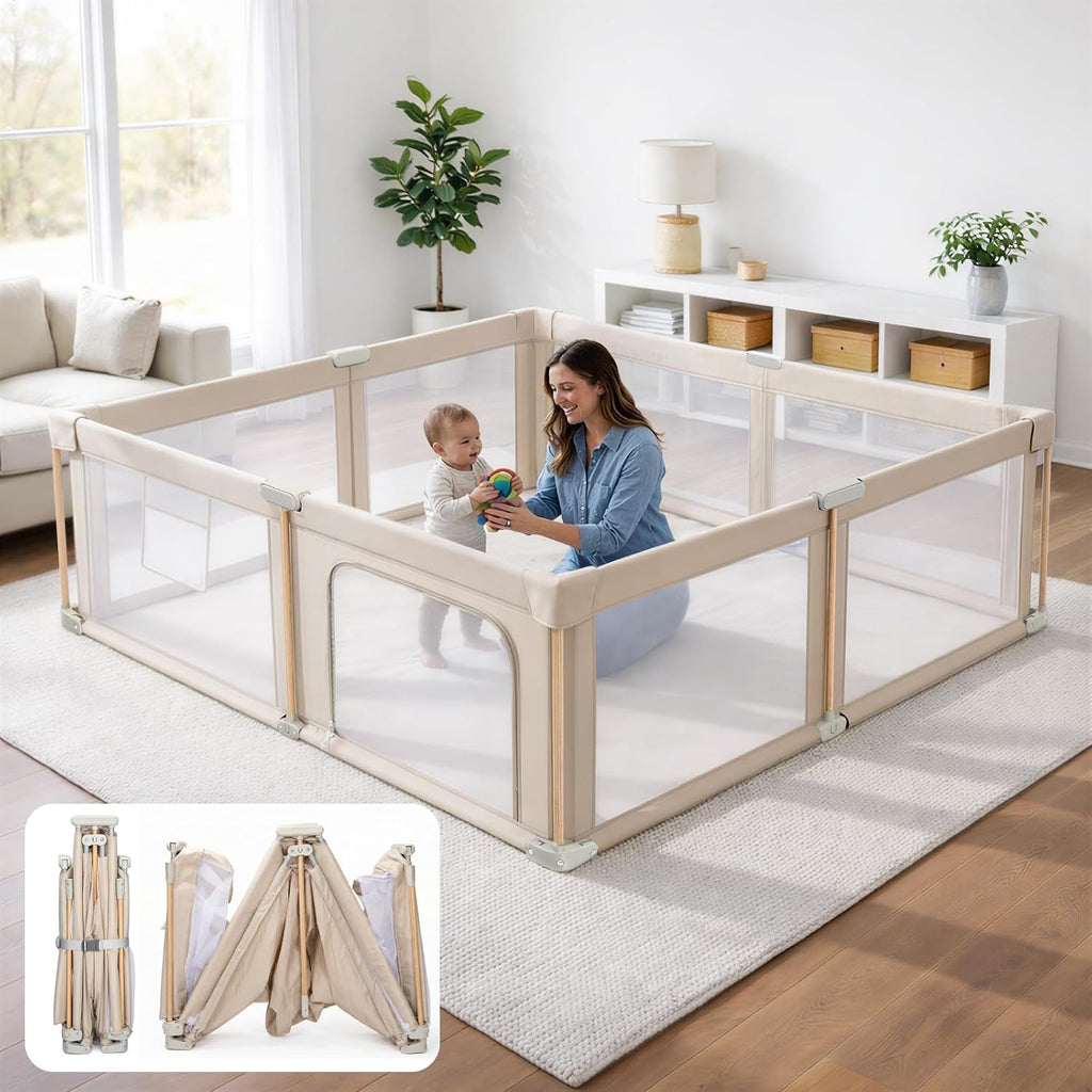 Foldable Baby Playpen with Mat, Foldable Baby Fence Play Yards for Babies and Toddlers, Play Pen with Breathable Mesh