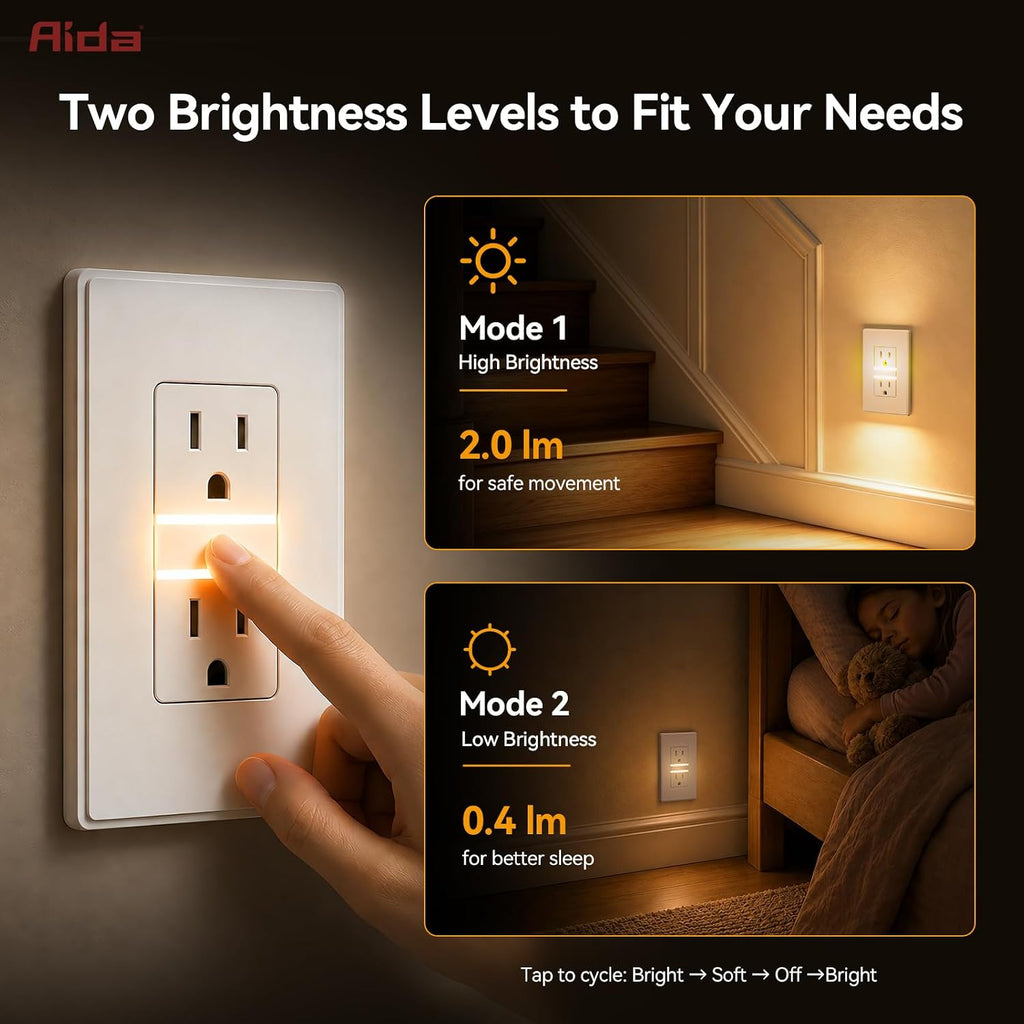 Self-Grounding Tamper-Resistant Wall Outlet with 3000K LED Night Light and Weatherproof Cover, White, 1 Pack
